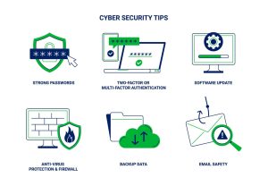 Cyber security set. Use a strong password and anti-virus, regularly update software, and backup personal data. Vector flat illustrations isolated on the white background.